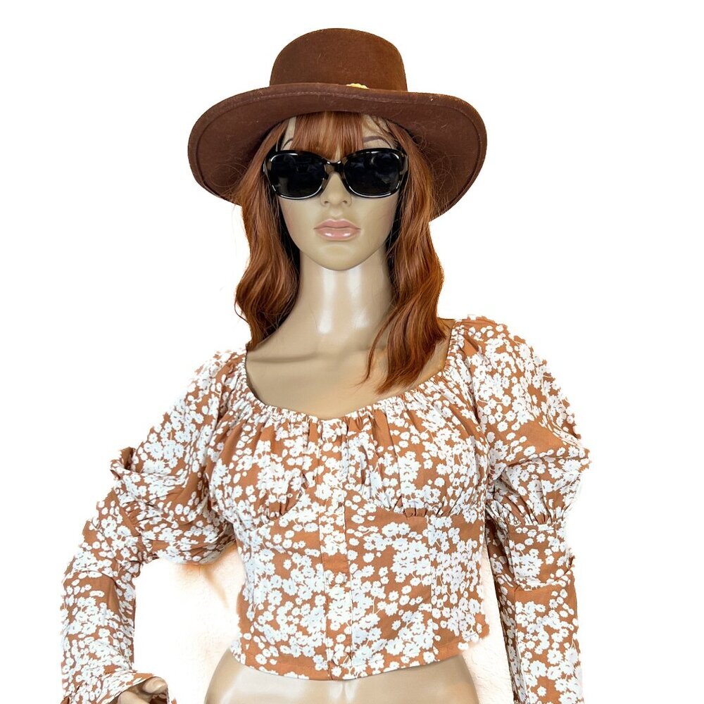 Sabo Dua Floral Burnt Orange Brown White Crop Top w/ Belled Sleeves Size M - NWT